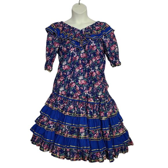 Vintage Square Dance Outfit Lot Medium Blue Floral Off Shoulder - Picture 2 of 12